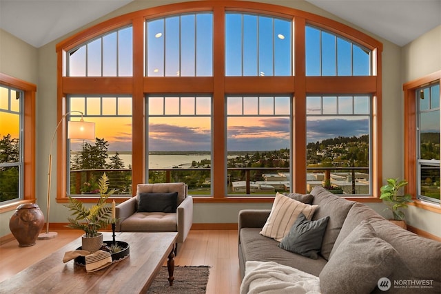 interior space featuring a water view, wood finished floors, and a wealth of natural light