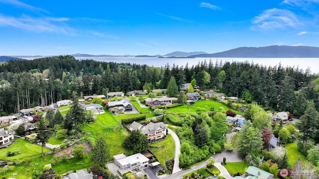 birds eye view of property featuring a water and mountain view and a wooded view