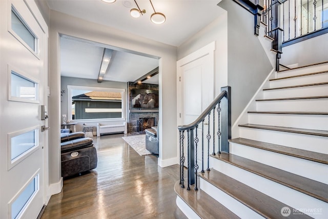 3012 N 30th St, Tacoma, WA 98407 - entryway with stairway, a large fireplace, baseboards, and wood finished floors