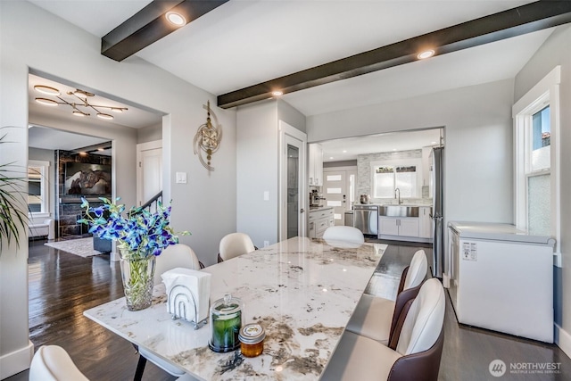 3012 N 30th St, Tacoma, WA 98407 - dining room featuring recessed lighting, plenty of natural light, dark wood-style floors, and beam ceiling