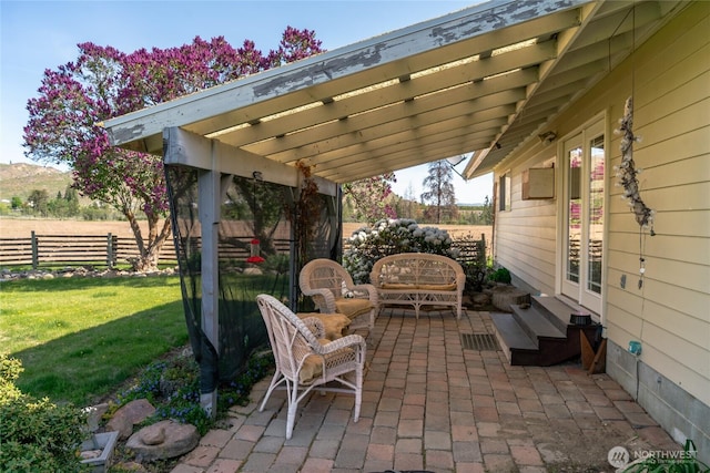 177 Salmon Creek Rd, Okanogan, WA 98840 - view of patio with fence, a pergola, entry steps, and french doors