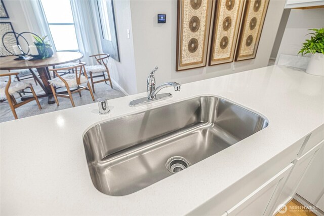 interior details with light countertops, white cabinetry, and a sink