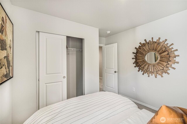 carpeted bedroom with baseboards and a closet
