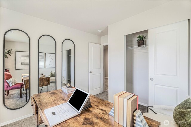 bedroom with a closet, baseboards, and carpet flooring