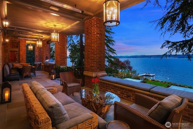 community lobby with a water view