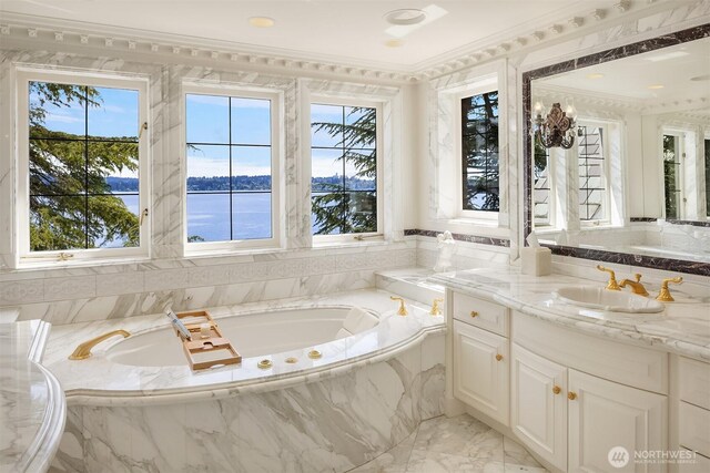 bathroom featuring ornamental molding, marble finish floor, a bath, and a wealth of natural light