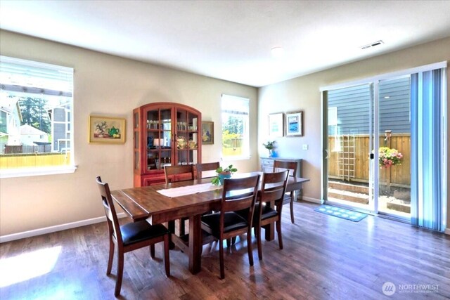 dining area featuring baseboards, visible vents, and wood finished floors