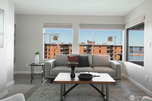 living area featuring baseboards and wood finished floors