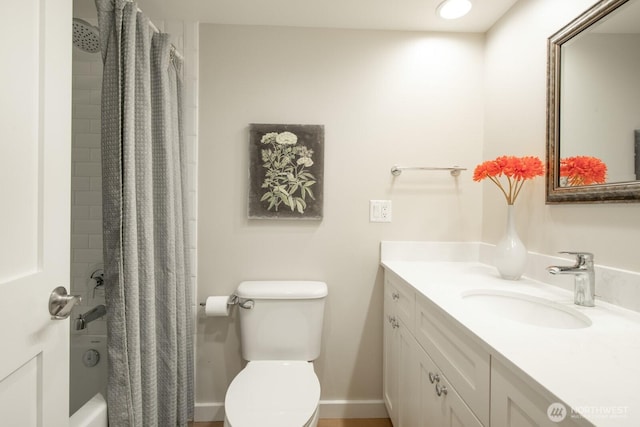 full bath with vanity, shower / bath combination with curtain, and toilet