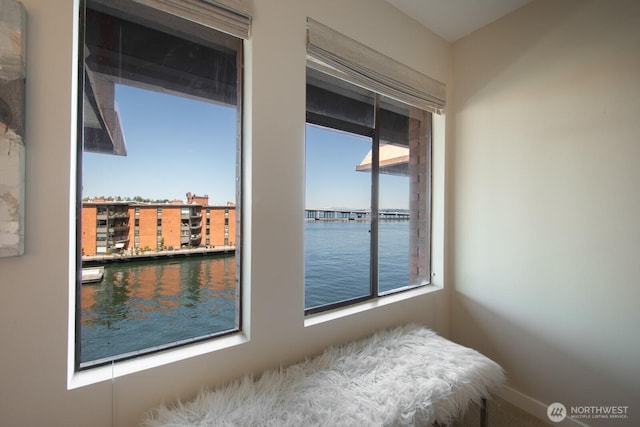 interior space featuring a water view