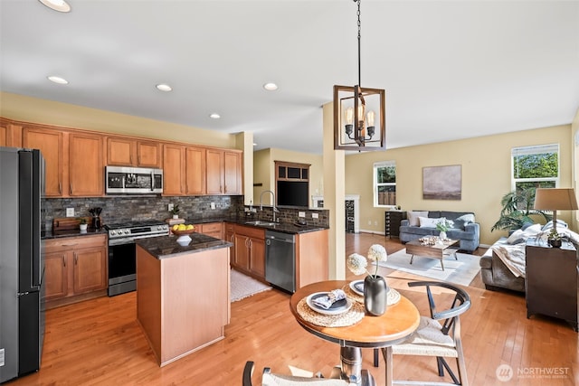 kitchen featuring a kitchen island, open floor plan, tasteful backsplash, a sink, and stainless steel appliances