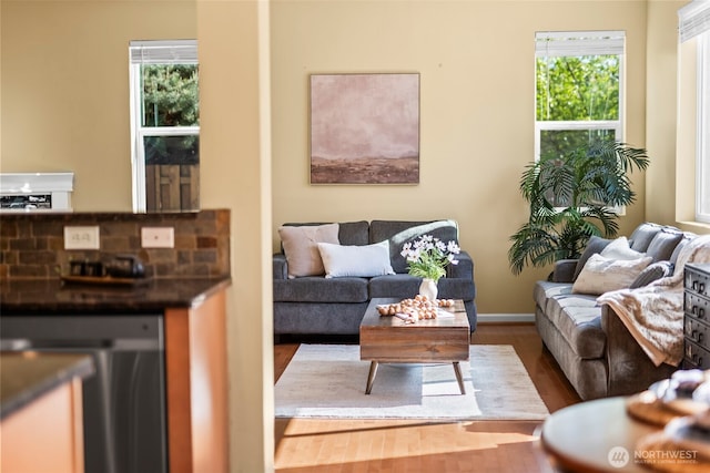 living area featuring baseboards and wood finished floors