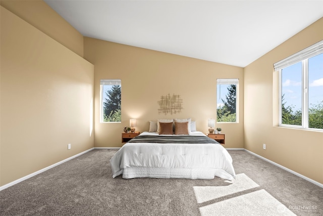 carpeted bedroom featuring baseboards and vaulted ceiling