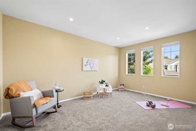 rec room with baseboards, carpet flooring, and recessed lighting