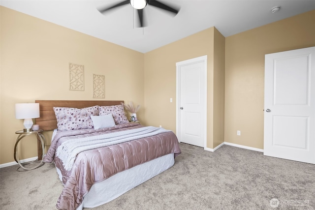 bedroom with carpet floors, baseboards, and ceiling fan