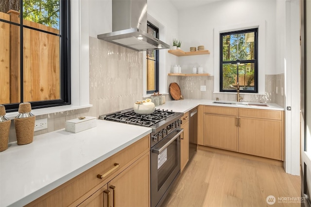 kitchen featuring decorative backsplash, exhaust hood, high end range, a sink, and light wood-style flooring