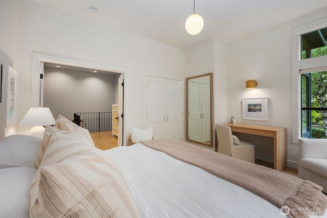 bedroom featuring multiple closets and wood finished floors