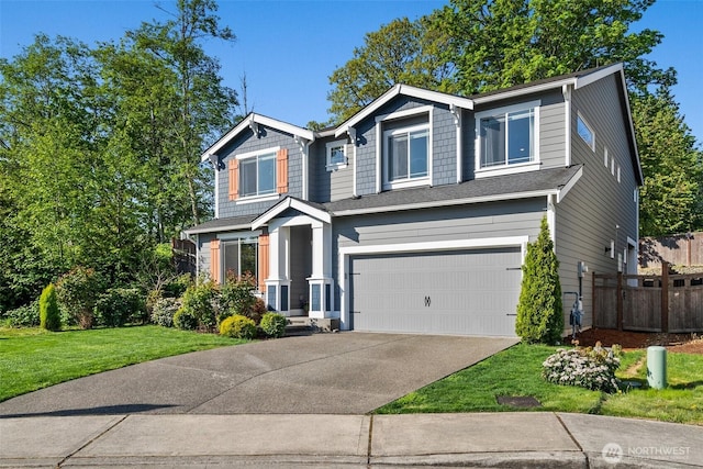 12011 SE 299th Pl, Auburn, WA 98092 - craftsman inspired home featuring a garage, a front lawn, fence, and driveway