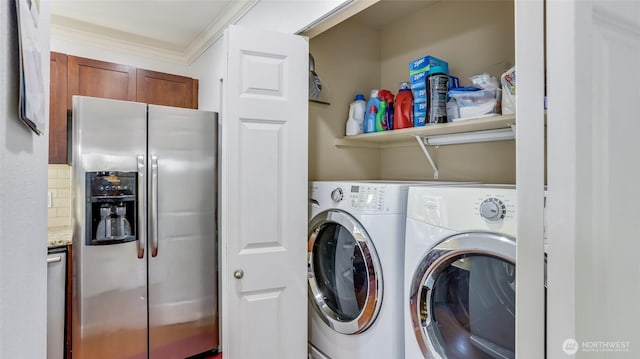 25025 SE Klahanie Blvd Unit L104, Sammamish, WA 98029 - clothes washing area featuring crown molding, laundry area, and washing machine and dryer
