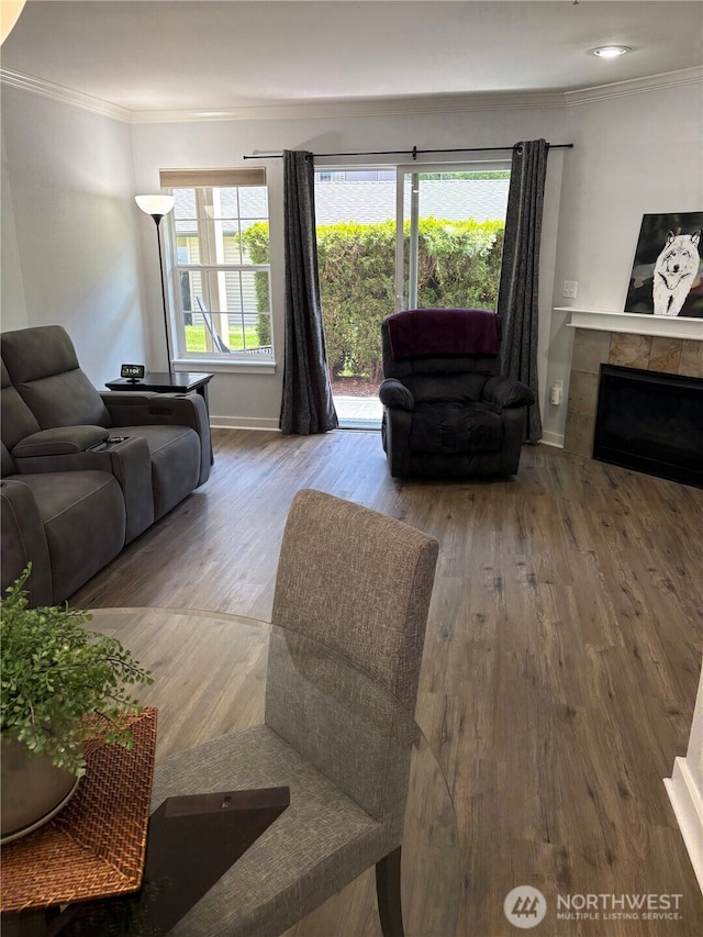 25025 SE Klahanie Blvd Unit L104, Sammamish, WA 98029 - living room with crown molding, baseboards, wood finished floors, and a tile fireplace