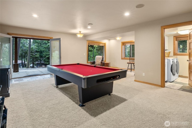 1570 Skull Springs Rd, Cle Elum, WA 98922 - rec room with separate washer and dryer, billiards table, recessed lighting, light carpet, and baseboards