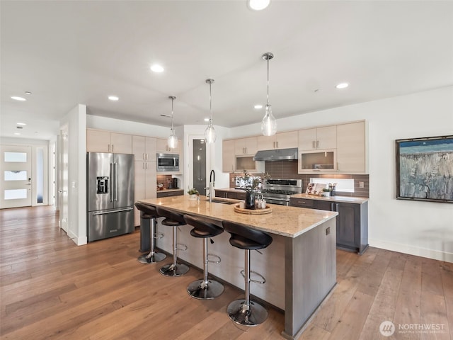6588 Serenity Loop, Gig Harbor, WA 98335 - kitchen featuring high quality appliances, under cabinet range hood, a sink, a breakfast bar area, and a center island with sink