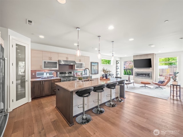 6588 Serenity Loop, Gig Harbor, WA 98335 - kitchen with stainless steel appliances, a breakfast bar, under cabinet range hood, a center island with sink, and light wood-type flooring