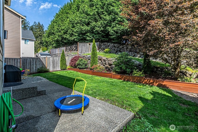 view of yard with a patio, a fenced backyard, and an outdoor fire pit