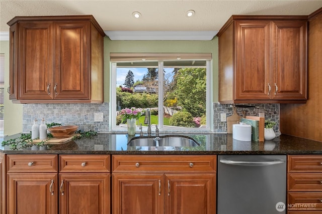 1319 Madrona Way NW, Gig Harbor, WA 98332 - kitchen with a sink, stainless steel dishwasher, brown cabinets, and dark stone counters