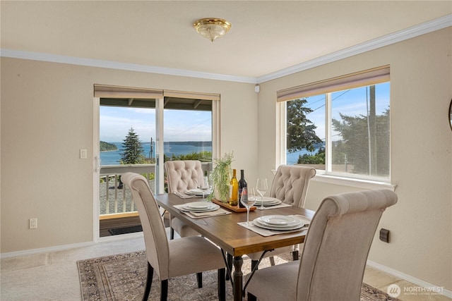 1319 Madrona Way NW, Gig Harbor, WA 98332 - carpeted dining area featuring crown molding, a water view, and baseboards