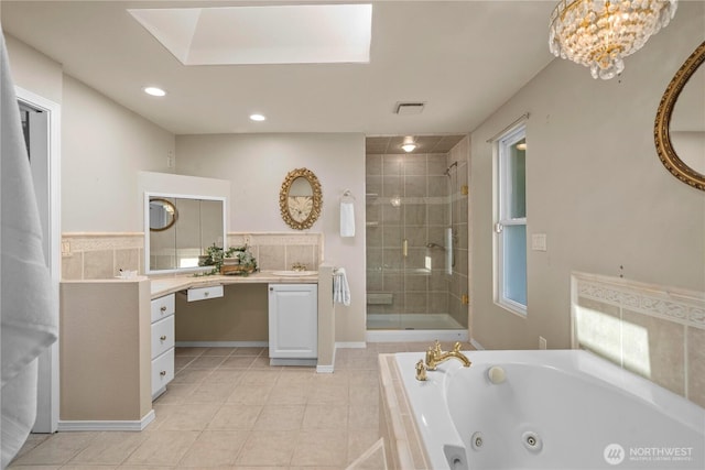 1319 Madrona Way NW, Gig Harbor, WA 98332 - bathroom featuring a stall shower, visible vents, a jetted tub, tile patterned floors, and vanity