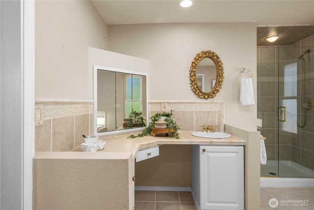 1319 Madrona Way NW, Gig Harbor, WA 98332 - bathroom with tile patterned floors, vanity, a stall shower, and recessed lighting