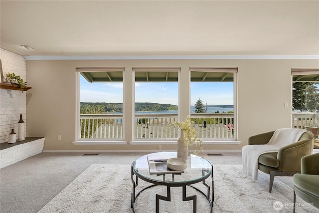1319 Madrona Way NW, Gig Harbor, WA 98332 - carpeted living room with visible vents, baseboards, and ornamental molding