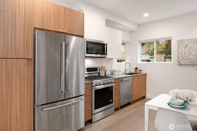 kitchen featuring appliances with stainless steel finishes, a sink, light wood-style floors, modern cabinets, and white cabinets