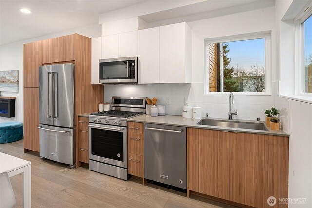 kitchen with appliances with stainless steel finishes, a sink, light wood-type flooring, tasteful backsplash, and modern cabinets