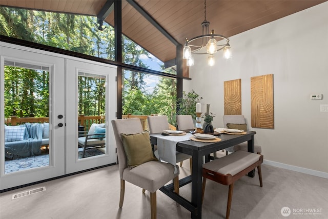 18265 47th Pl NE, Lake Forest Park, WA 98155 - dining room featuring french doors, a chandelier, a wooden ceiling with exposed beams, and high vaulted ceiling