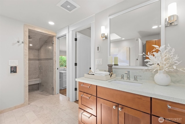 18265 47th Pl NE, Lake Forest Park, WA 98155 - bathroom featuring vanity, a stall shower, and recessed lighting