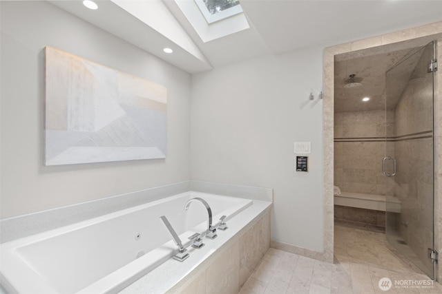 18265 47th Pl NE, Lake Forest Park, WA 98155 - full bathroom with a skylight, a jetted tub, a shower stall, and recessed lighting