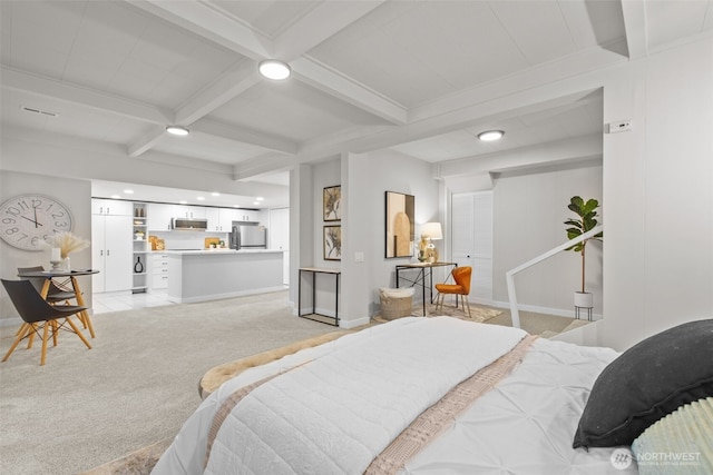 18265 47th Pl NE, Lake Forest Park, WA 98155 - bedroom with freestanding refrigerator, light colored carpet, beam ceiling, coffered ceiling, and recessed lighting