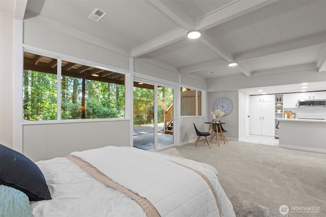 18265 47th Pl NE, Lake Forest Park, WA 98155 - bedroom featuring light carpet, access to outside, coffered ceiling, beam ceiling, and recessed lighting
