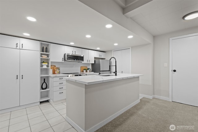 18265 47th Pl NE, Lake Forest Park, WA 98155 - kitchen featuring open shelves, stainless steel appliances, white cabinets, and recessed lighting