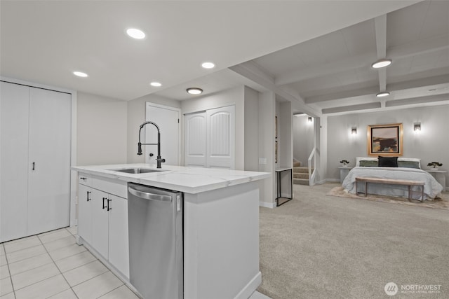 18265 47th Pl NE, Lake Forest Park, WA 98155 - kitchen featuring stainless steel dishwasher, light stone counters, white cabinetry, recessed lighting, and light colored carpet
