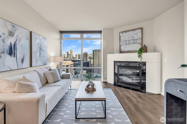 819 Virginia St Unit 3006, Seattle, WA 98101 - living room with baseboards, a fireplace with flush hearth, wood finished floors, floor to ceiling windows, and a city view