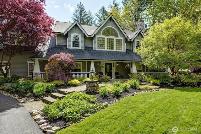 46707 SE 156th Pl, North Bend, WA 98045 - view of front of property featuring a porch, a chimney, a front lawn, and roof with shingles