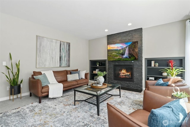 46707 SE 156th Pl, North Bend, WA 98045 - living room featuring carpet, a large fireplace, baseboards, and recessed lighting