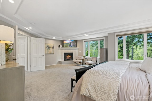 46707 SE 156th Pl, North Bend, WA 98045 - bedroom with recessed lighting, a raised ceiling, carpet, a tile fireplace, and baseboards