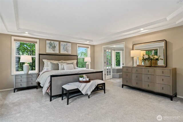 46707 SE 156th Pl, North Bend, WA 98045 - bedroom featuring a raised ceiling, light colored carpet, crown molding, recessed lighting, and baseboards