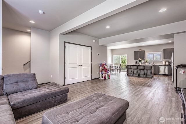 living room featuring recessed lighting and wood finished floors
