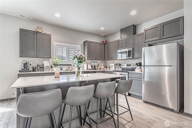 kitchen featuring appliances with stainless steel finishes, a breakfast bar, light wood finished floors, light countertops, and a kitchen island