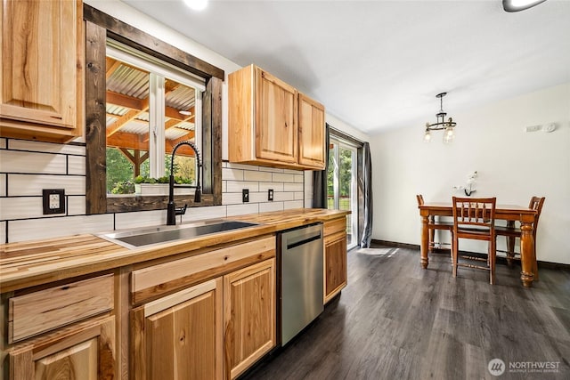 104 Ridge View Dr, Randle, WA 98377 - kitchen featuring wooden counters, stainless steel dishwasher, a sink, dark wood finished floors, and vaulted ceiling